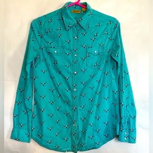 Wrangler snap up turquoise longhorn print western shirt